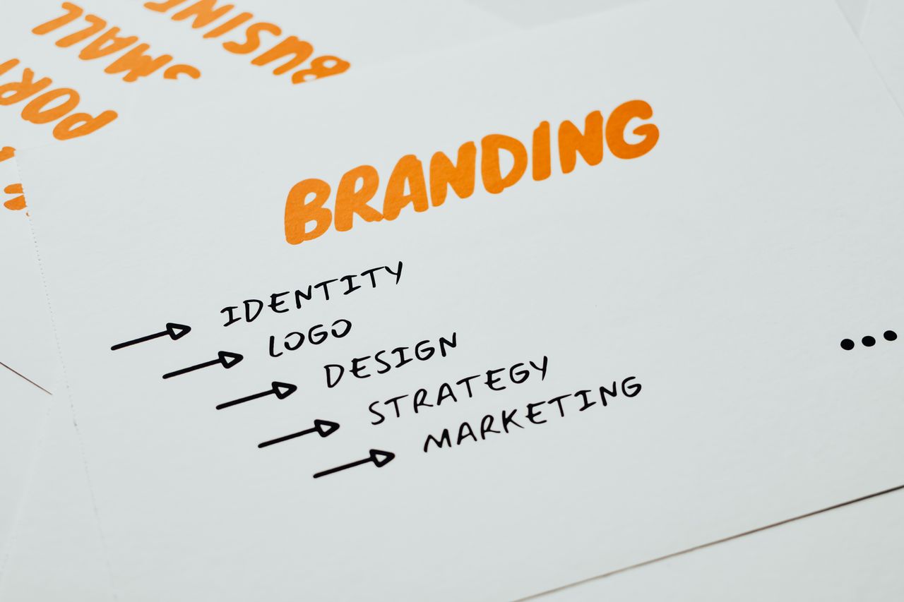 Vue rapprochée d’un papier présentant des notions de branding, d’identité, de design, de stratégie et de marketing en orange et noir.